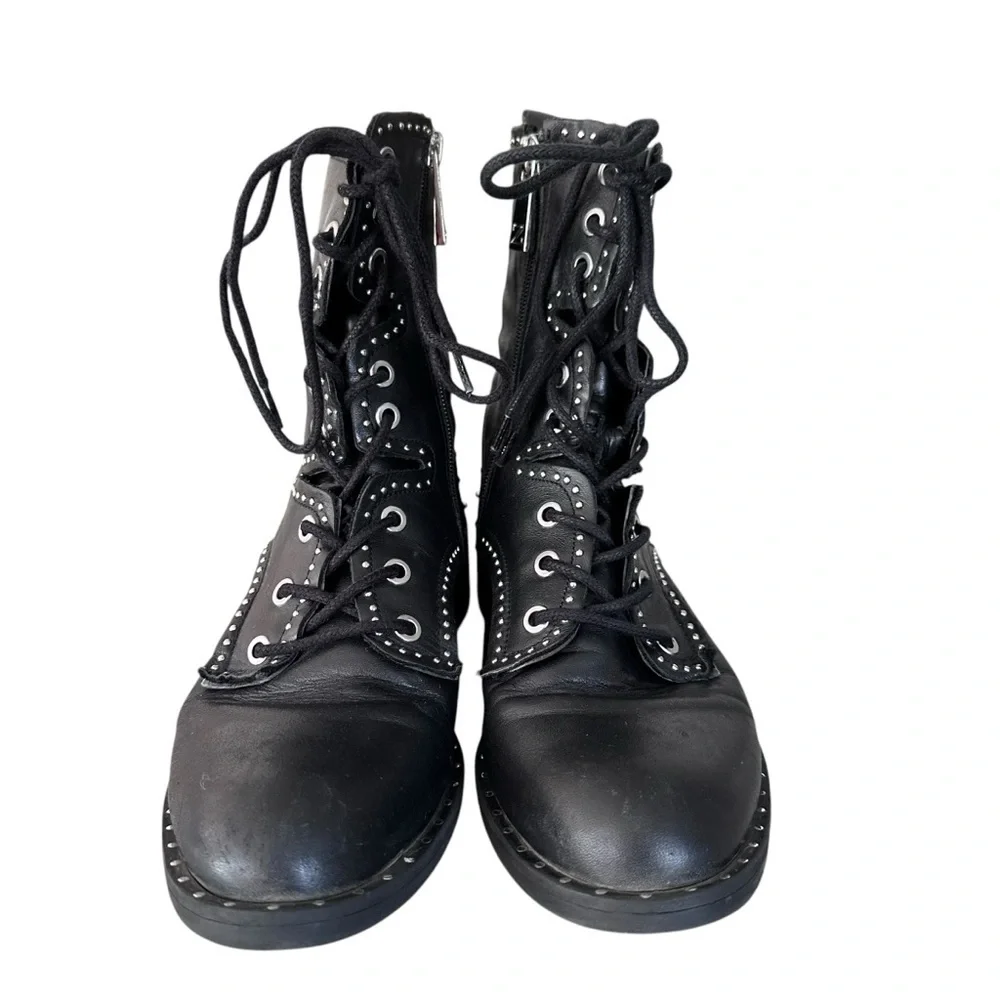 Zara Black Leather Lace Up Biker Chelsea Studded Punk Goth Ankle Boots Size 37 - Picture 6 of 15
